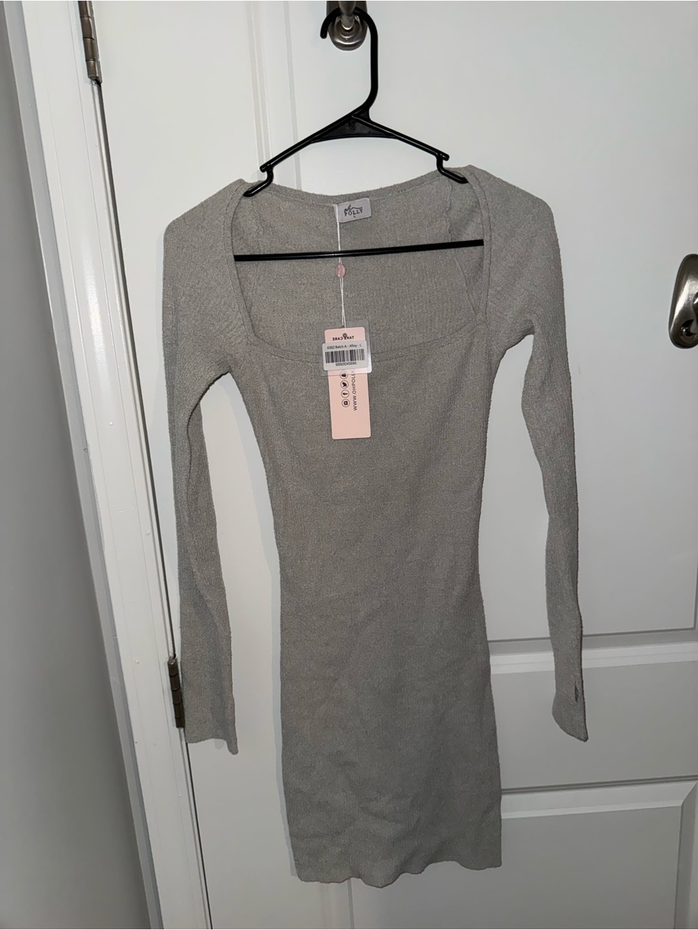 Oh Polly Long Sleeve Square Neck Ribbed Dress - Light Gray